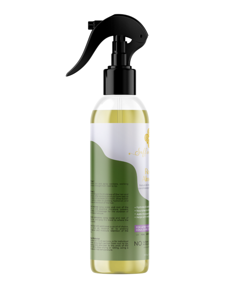 Mockup Image of the 430ml Rose Almond Conditioning Spray bottle by Saffron Jade - Rear View