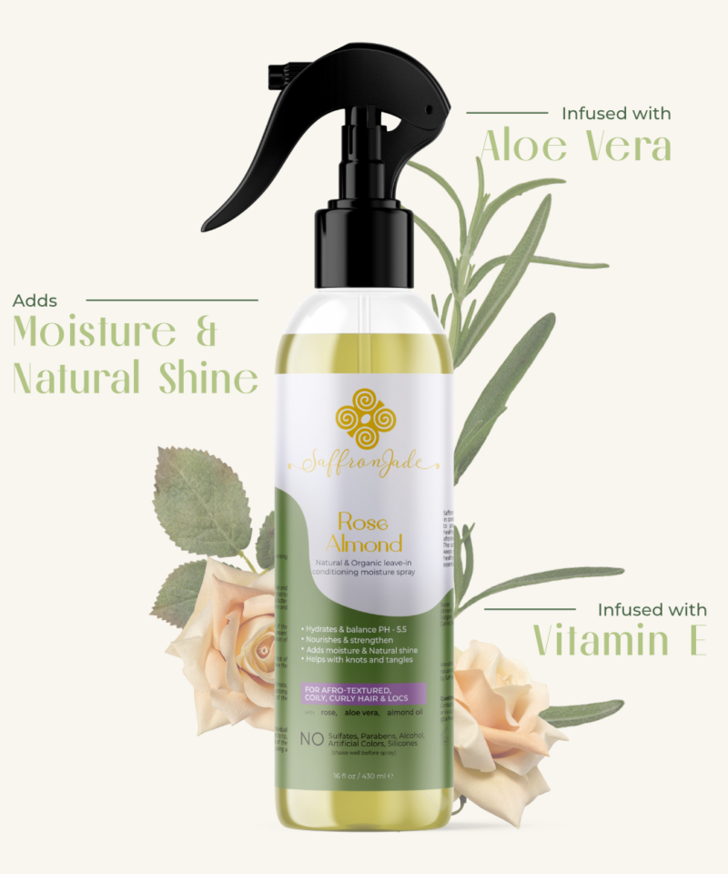 Informational Mockup Image of the 430ml Rose Almond Conditioning Spray bottle by Saffron Jade
