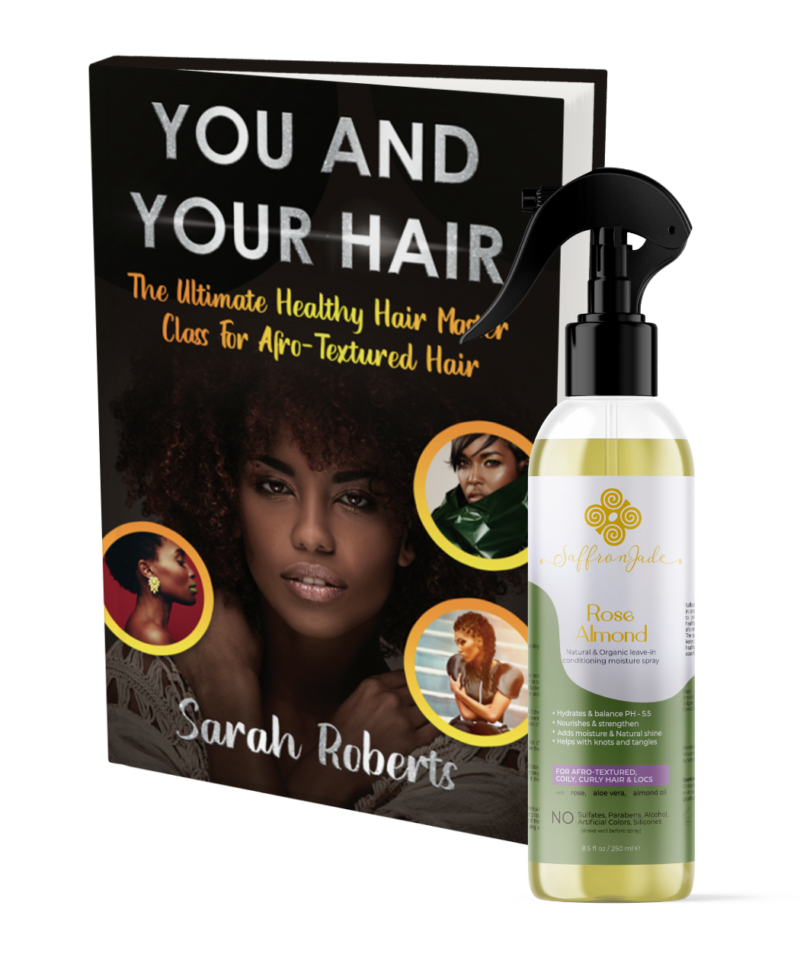 Mockup image of the "Rose Almond Moisture Spray" and the book titled "You and your Hair"
