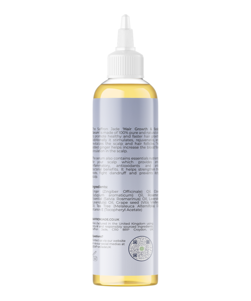 Mockup Image of the Hair Growth & Scalp Serum bottle by Saffron Jade - Rear View